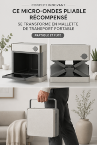 Un four à micro-ondes pliable et portable posé sur une table en extérieur, prêt à être utilisé pour réchauffer un repas.