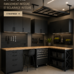 Garage moderne avec rangement intégré et éclairage élégant