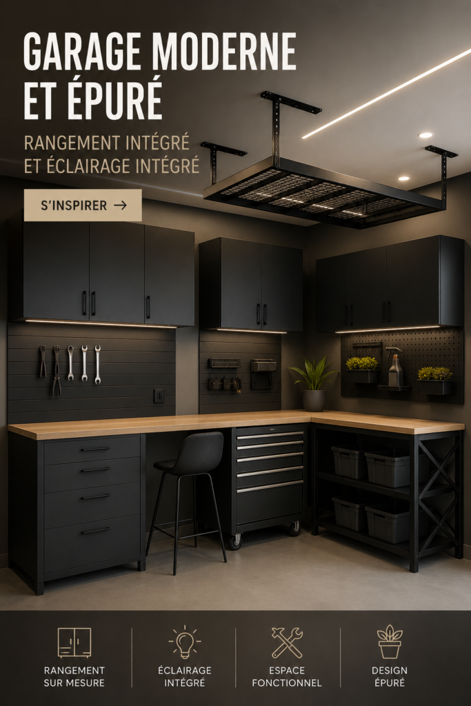 Garage moderne avec rangement intégré et éclairage élégant