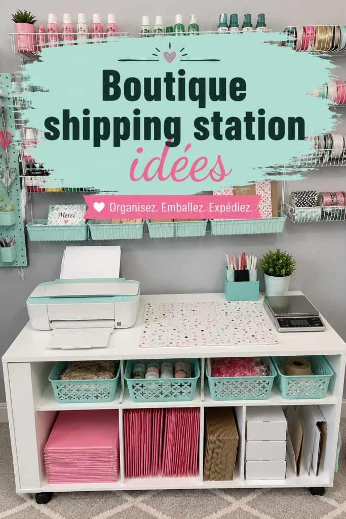 Aménagement d'une boutique de shipping avec décoration accueillante et pratique.