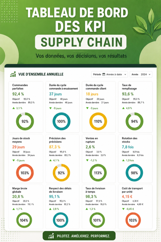 Tableau de bord des KPI de la chaîne d'approvisionnement avec graphiques et indicateurs clés