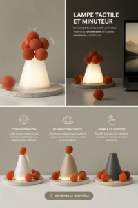 Une lampe tactile allumée sur un bureau moderne, créant une ambiance apaisante.