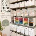 Mur créatif Elfa décoré avec des fournitures de bricolage et accessoires.
