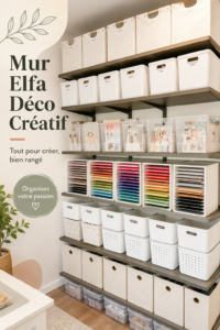 Mur créatif Elfa décoré avec des fournitures de bricolage et accessoires.