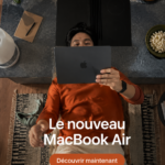 Vue d'ensemble du nouveau MacBook Air sur un bureau moderne, mettant en avant son design élégant.
