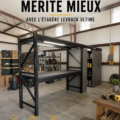 Un garage organisé avec le dispositif Levrack pour un rangement optimisé.