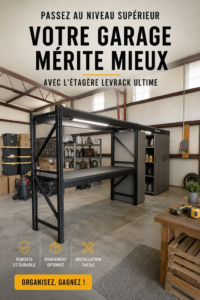 Un garage organisé avec le dispositif Levrack pour un rangement optimisé.