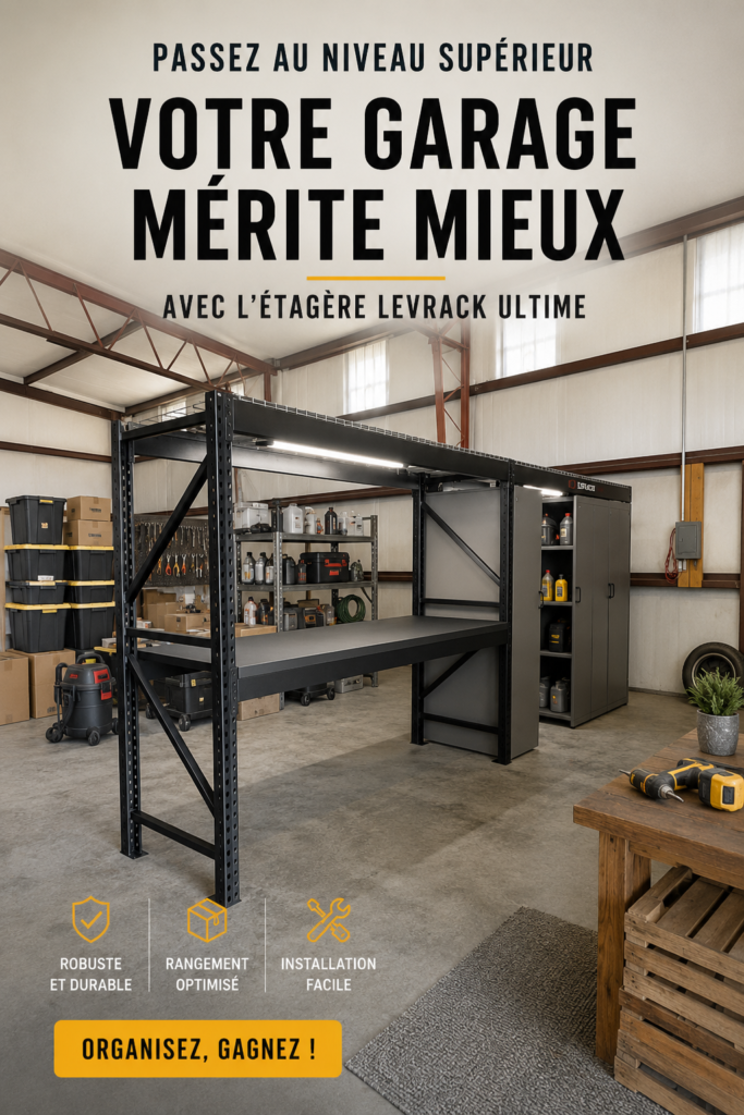 Un garage organisé avec le dispositif Levrack pour un rangement optimisé.
