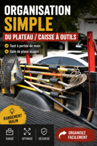Caisse de camion bien organisée avec des outils rangés de manière efficace.