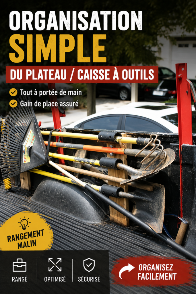Caisse de camion bien organisée avec des outils rangés de manière efficace.