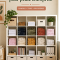 Etagères organisées dans un bureau d'entreprise avec différents éléments de rangement.