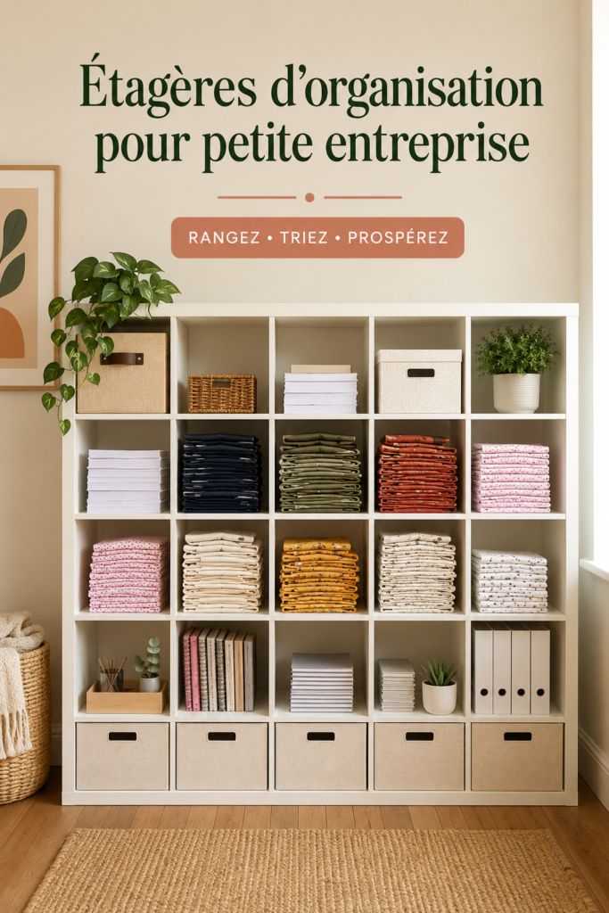 Etagères organisées dans un bureau d'entreprise avec différents éléments de rangement.
