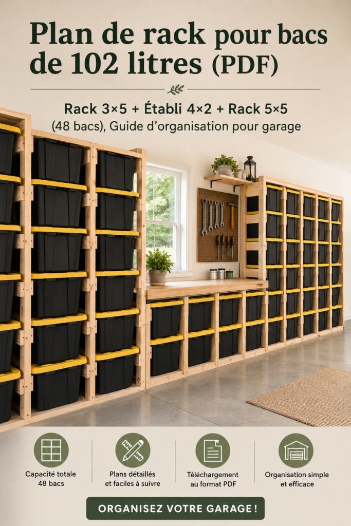 Garage organisé avec des étagères à bacs pratiques