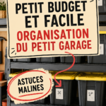 Un garage bien organisé avec des étagères et des outils rangés. Organisation pratique et économique.