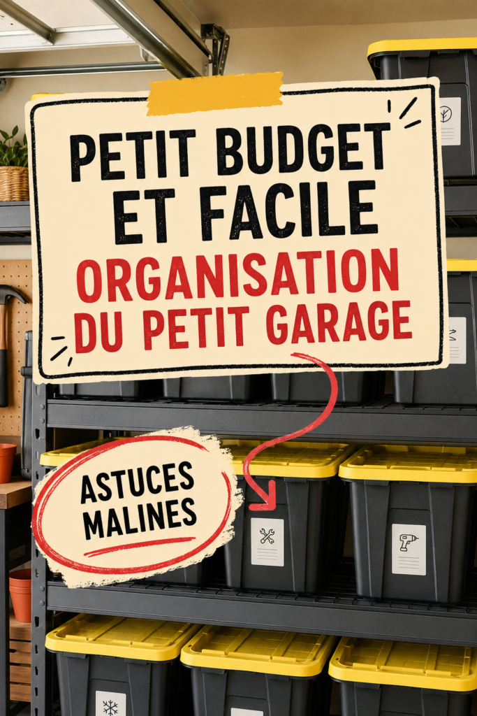 Un garage bien organisé avec des étagères et des outils rangés. Organisation pratique et économique.