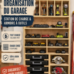 Un garage bien organisé avec une station de charge et un rangement optimal des outils.