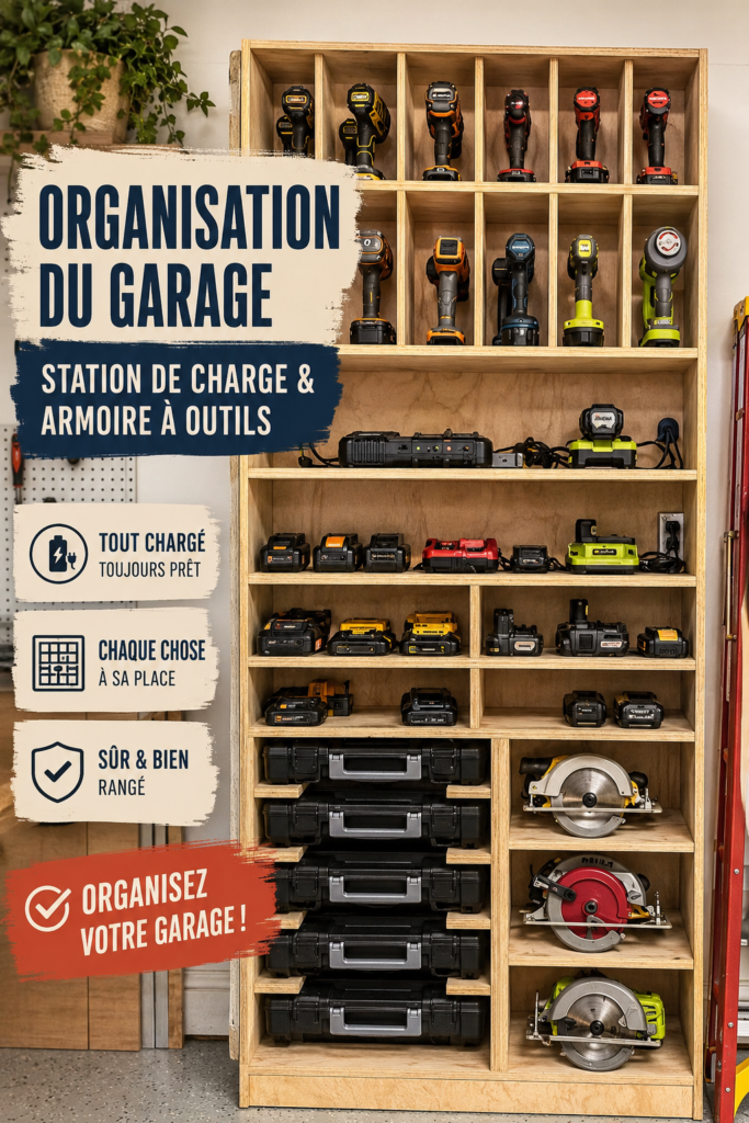 Un garage bien organisé avec une station de charge et un rangement optimal des outils.