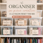 Un atelier créatif bien organisé avec des fournitures rangées et un espace de travail dégagé.