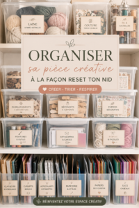 Un atelier créatif bien organisé avec des fournitures rangées et un espace de travail dégagé.