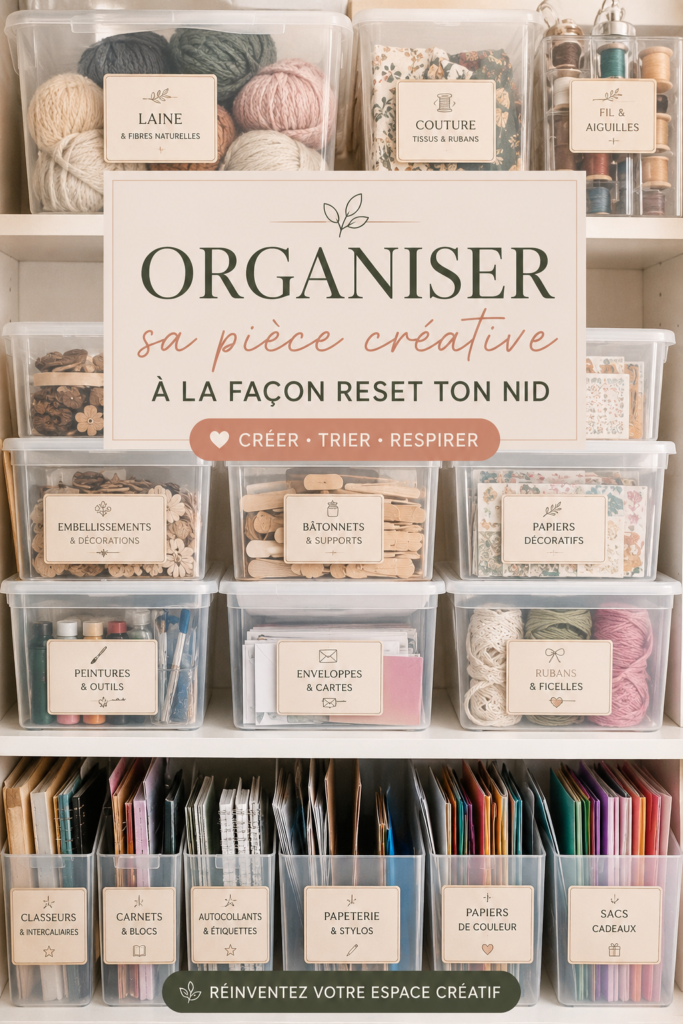 Un atelier créatif bien organisé avec des fournitures rangées et un espace de travail dégagé.