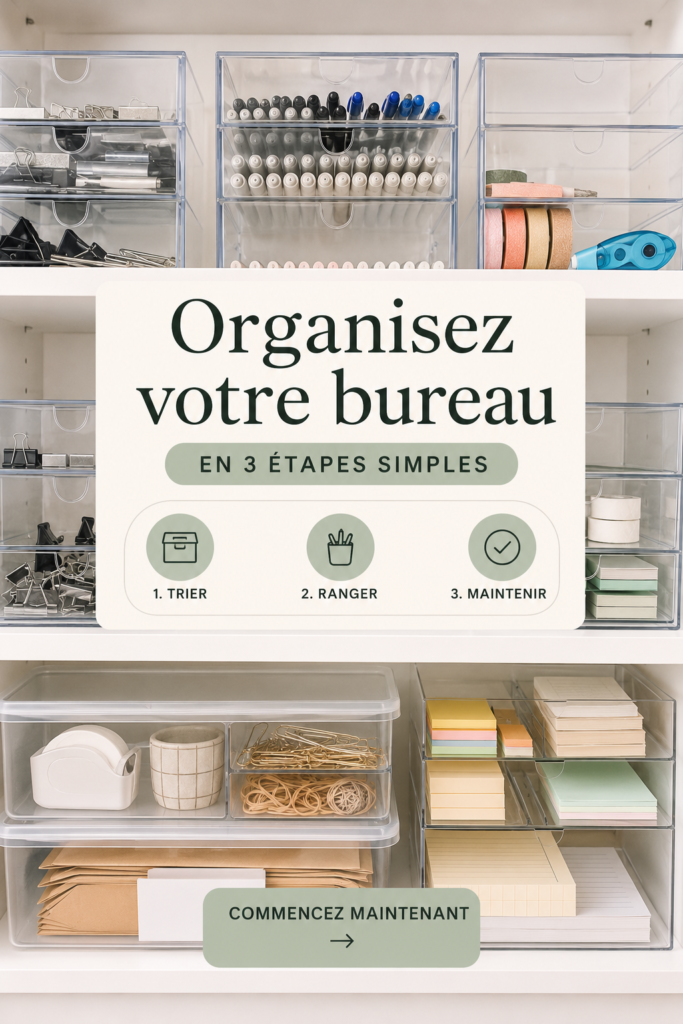 Image d'un bureau organisé avec des fournitures de bureau bien rangées.