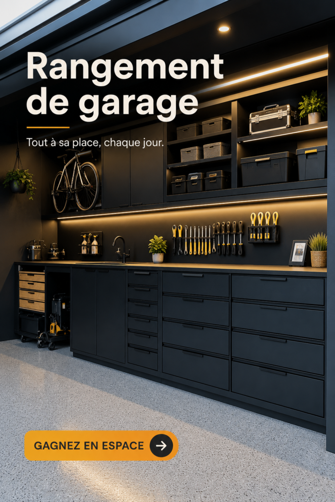 Garage bien organisé avec des étagères et des bacs de rangement