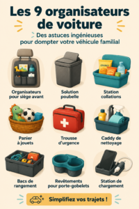 Une voiture familiale bien organisée avec des sacs et des jouets rangés.