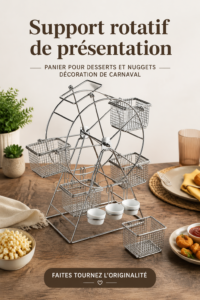 Un présentoir rotatif avec divers desserts colorés exposés pour une fête.