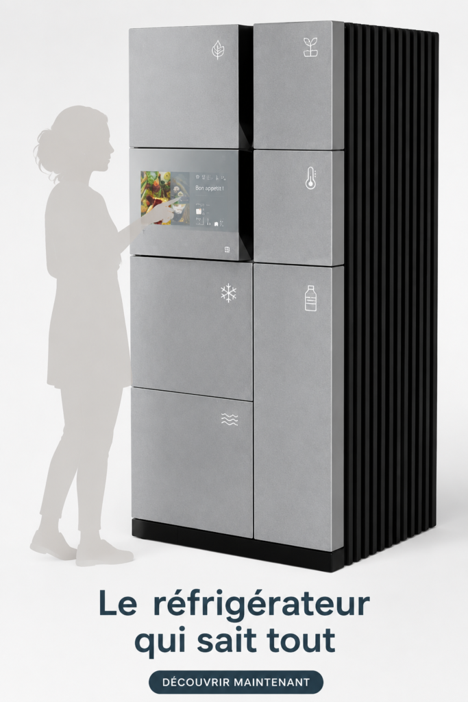 Réfrigérateur moderne avec écran tactile et compartiments organisés.