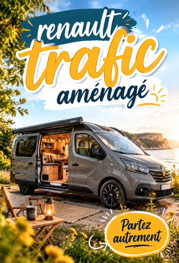 Renault Trafic aménagé prêt pour une aventure en pleine nature.