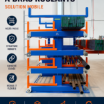 Un rack cantilever mobile bien organisé dans un garage, montrant une utilisation efficace de l'espace de rangement.