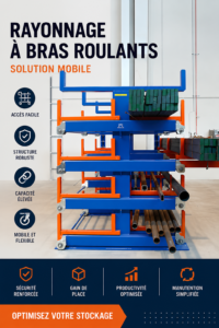 Un rack cantilever mobile bien organisé dans un garage, montrant une utilisation efficace de l'espace de rangement.