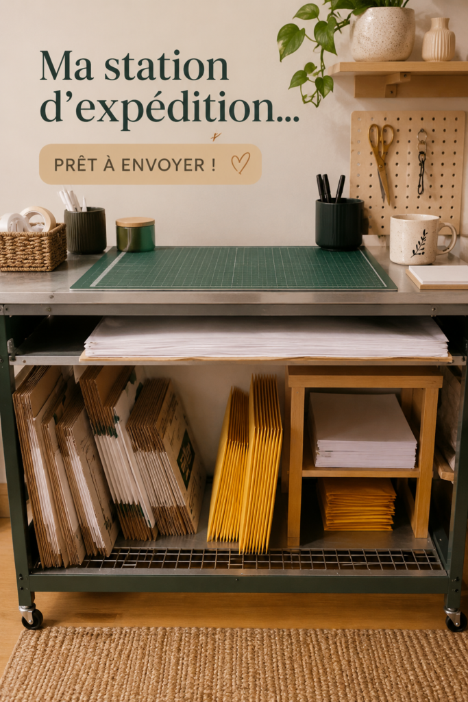 Image d'une station d'expédition bien organisée avec des fournitures de bureau.