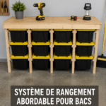Système de rangement pratique dans un garage avec des tote boxes bien organisées.