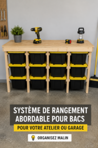 Système de rangement pratique dans un garage avec des tote boxes bien organisées.