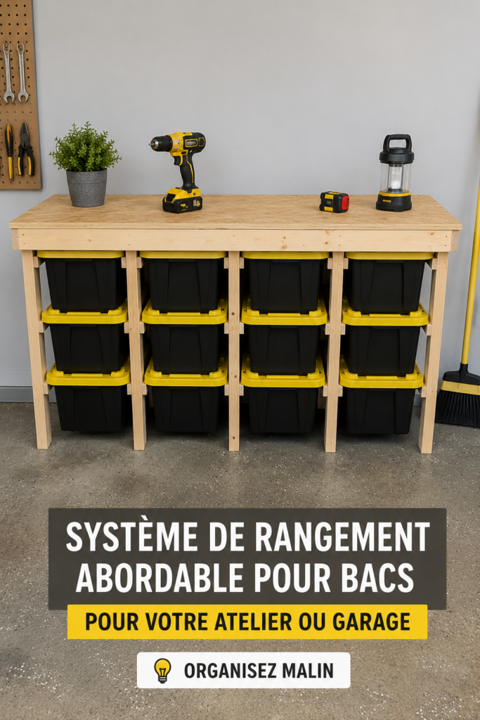 Système de rangement pratique dans un garage avec des tote boxes bien organisées.