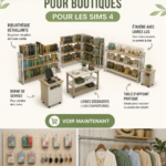 Boutique aménagée dans The Sims 4 avec des objets variés et une décoration accueillante.