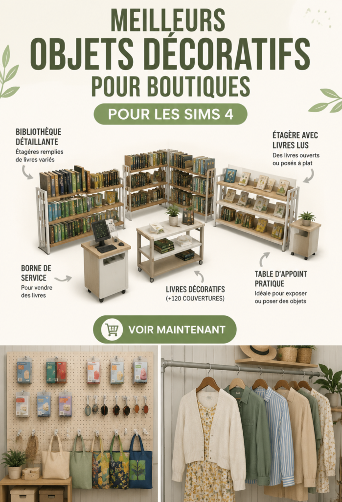 Boutique aménagée dans The Sims 4 avec des objets variés et une décoration accueillante.
