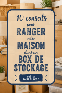 Photo d'un garde-meubles bien organisé avec des cartons étiquetés et des meubles empilés.