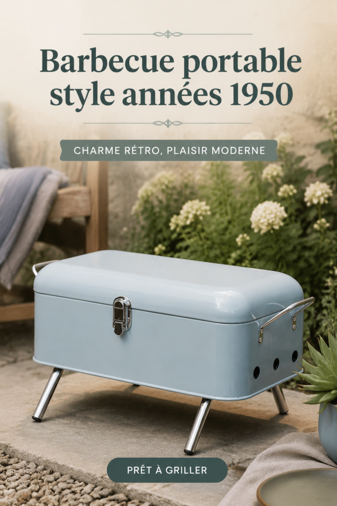 Barbecue portable vintage de Waitrose prêt pour un pique-nique d'été en pleine nature.