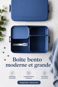 Boîte Bento moderne Mepal sur une table colorée avec des aliments préparés
