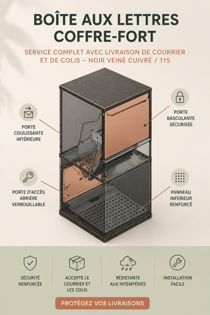 Boîte aux lettres sécurisée en noir et cuivre, parfaite pour les livraisons