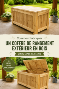 Boîte de rangement en bois réalisée pour l'extérieur, décorée avec des plantes
