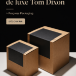 Boîte Tom Dixon élégante, éco-responsable, sur une table en bois.