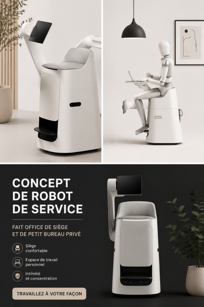 Un meuble innovant combinant une chaise et un bureau pour un espace de travail optimisé.