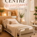 Une mère souriante avec son nouveau-né dans un centre de naissance cosy.