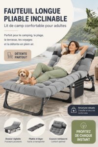 Chaise longue pliable en extérieur, parfaite pour les vacances