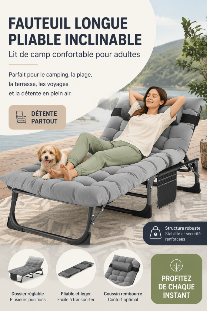 Chaise longue pliable en extérieur, parfaite pour les vacances