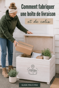 Boîte de livraison en bois sur une terrasse, prête à recevoir des colis.