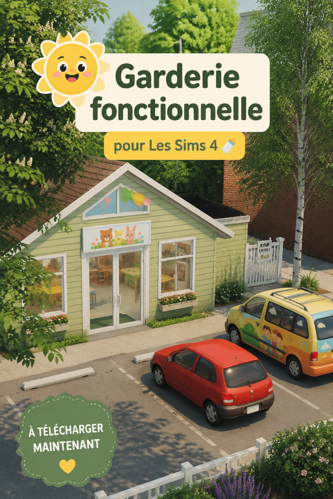 Une crèche fonctionnelle dans Les Sims 4 avec des meubles colorés et un coin jeu.